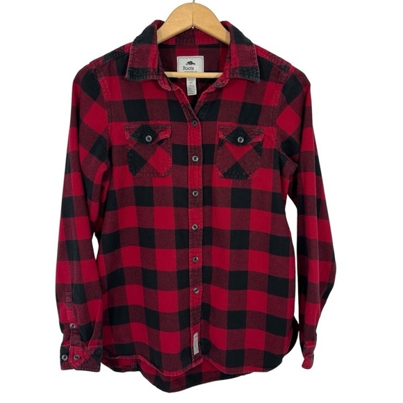 Roots Tops - Roots Buffalo Plaid Flannel Shirt Womens S Black Red Check Long Sleeve Button Up